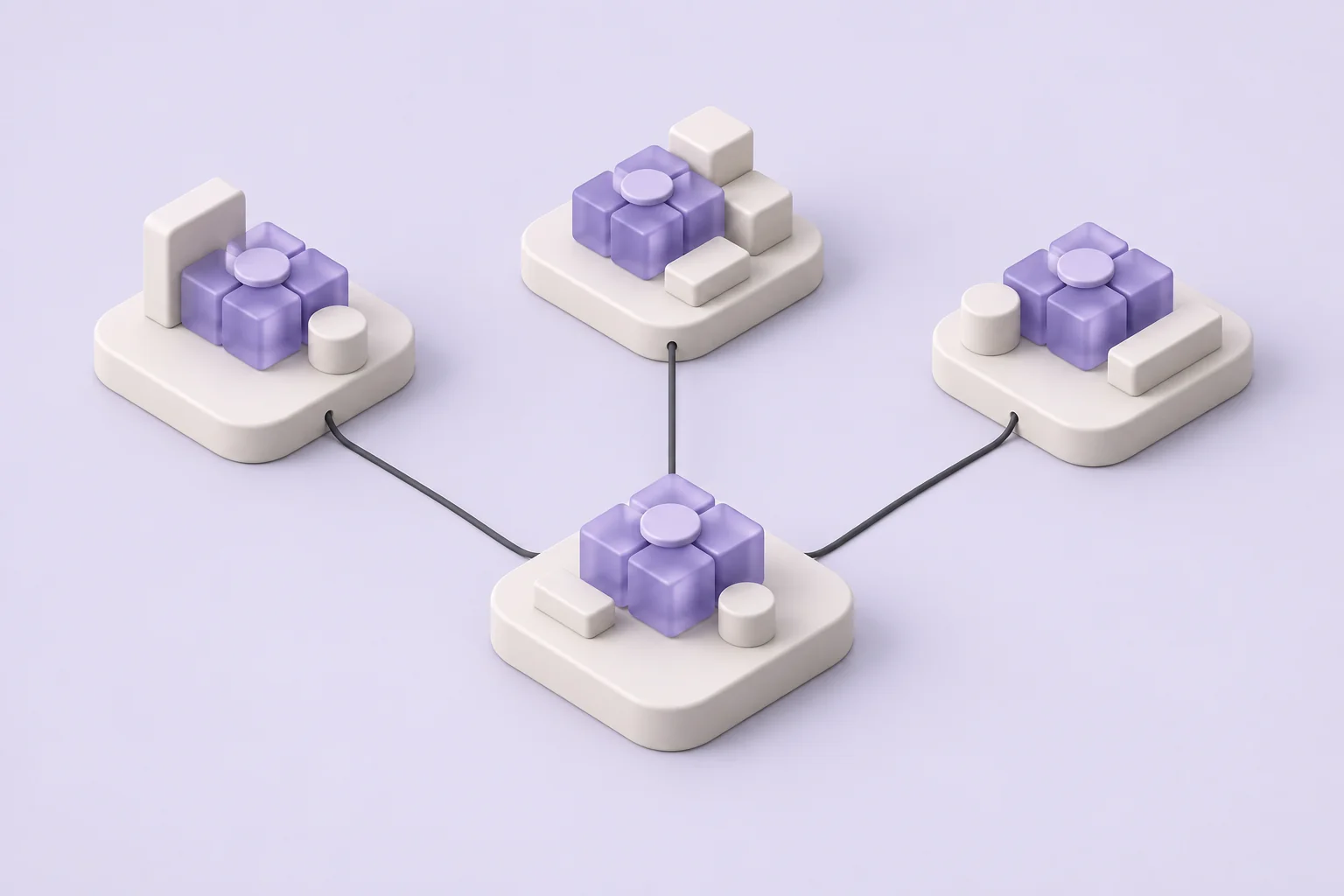 An illustration of connected teams reusing the same purple platform modules in different service assemblies.