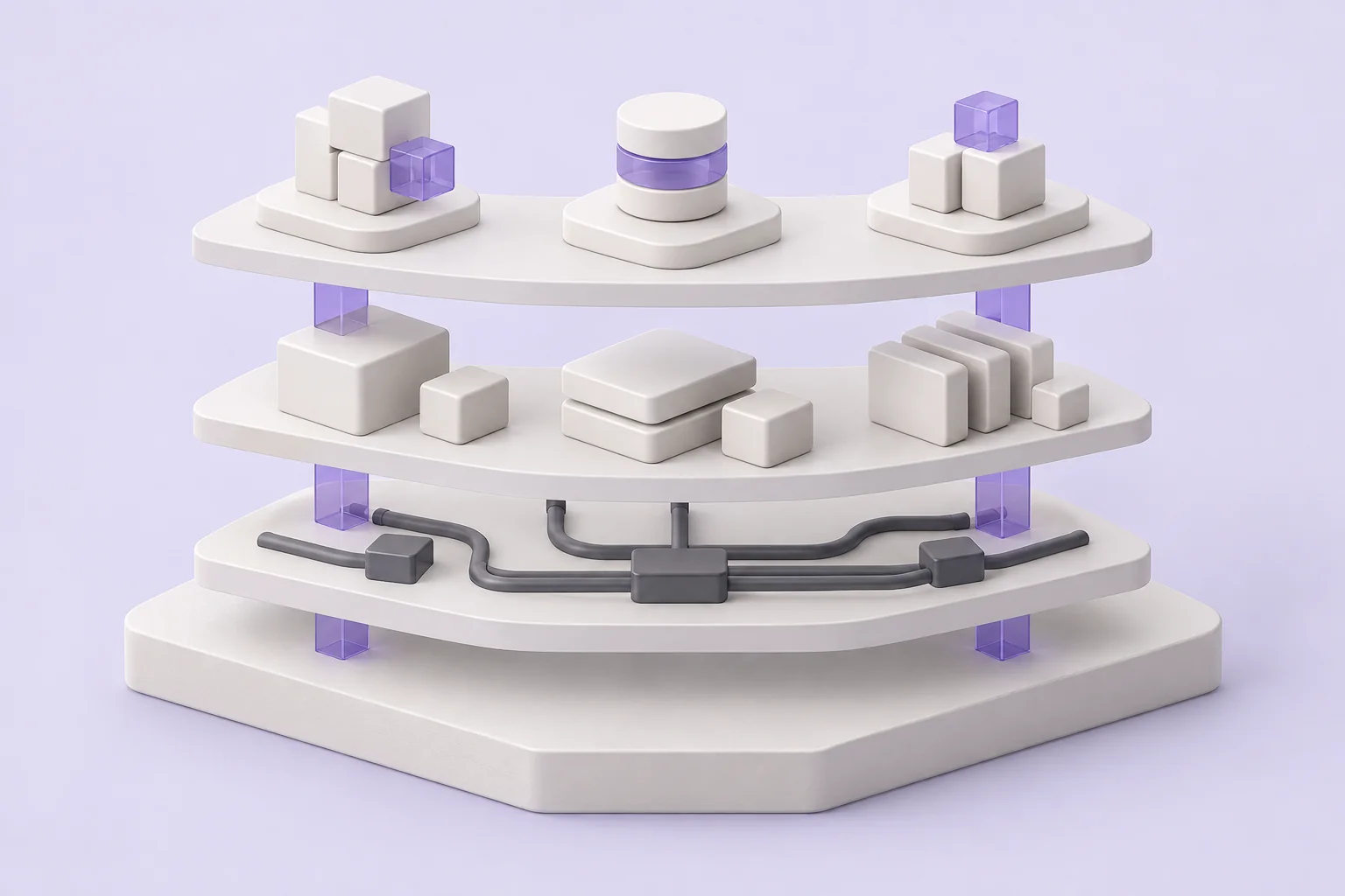 An exploded illustration of shared infrastructure, reusable components and independent services aligned on a layered platform.