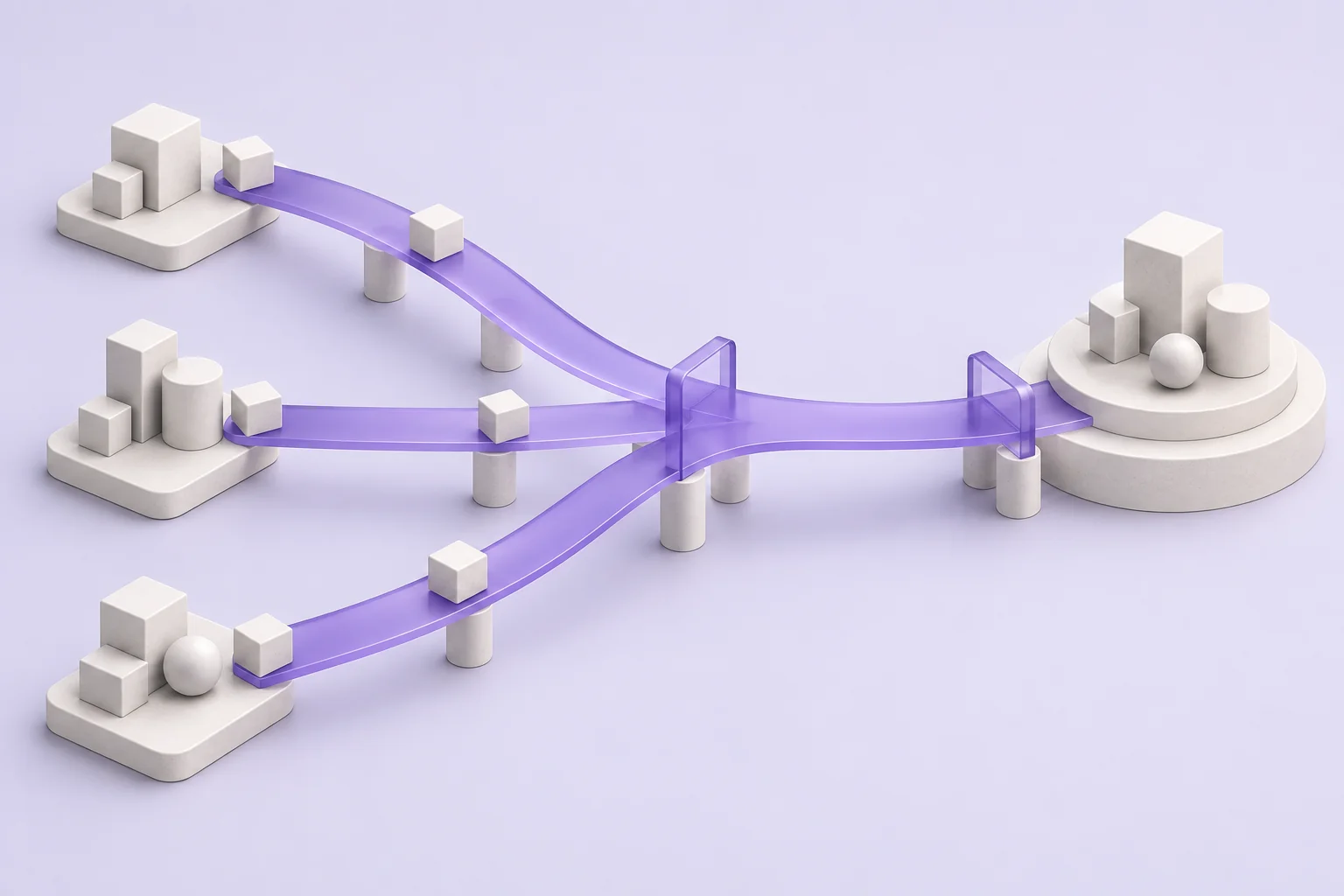 An illustration of separate delivery paths joining a shared platform and continuing toward production.